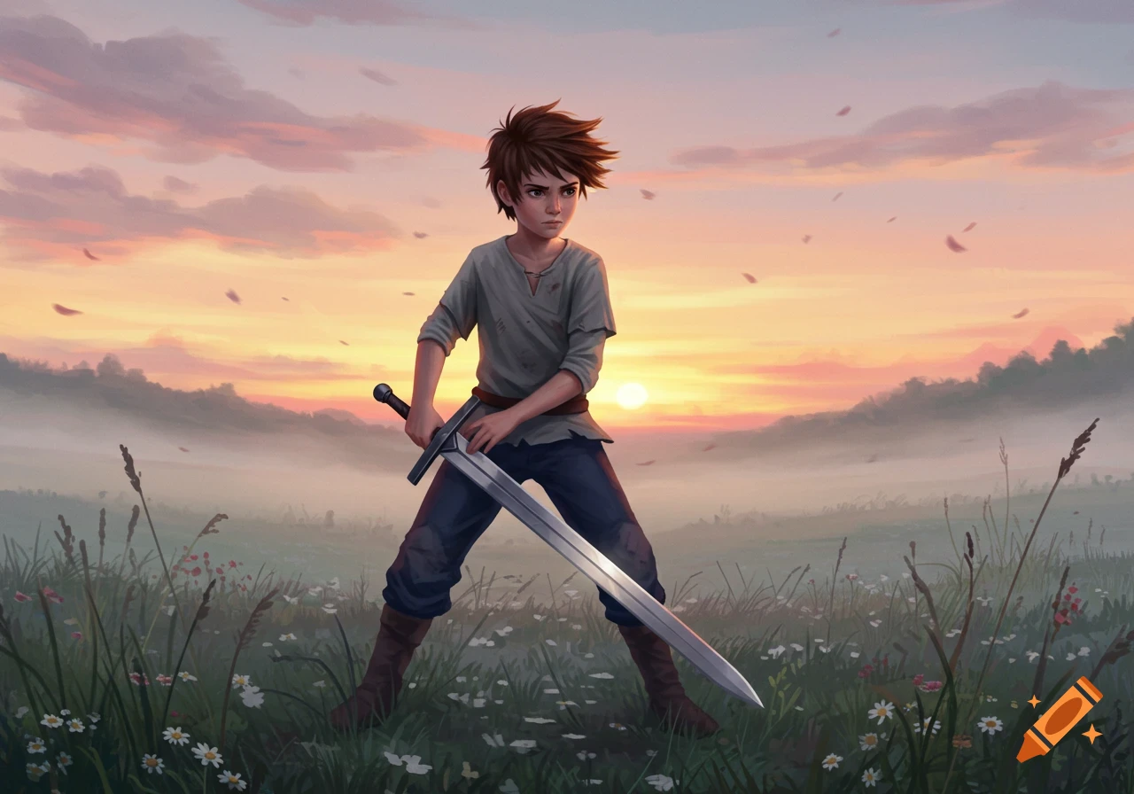 Illustrated scene of a young boy holding a long sword in a grassy field at sunset, with misty hills in the background.