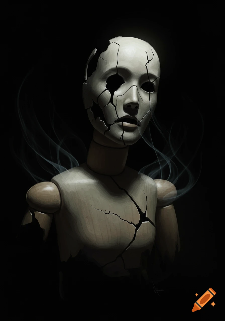 A broken mannequin with a cracked face and hollow eyes, with wisps of smoke around its shoulders, against a dark background.