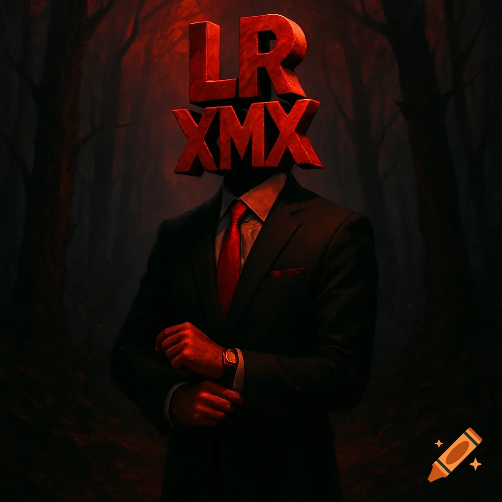 A person in a black suit with a red tie has their head replaced by red concrete letters 'LR' and 'XMX' in a dark, red-lit forest.