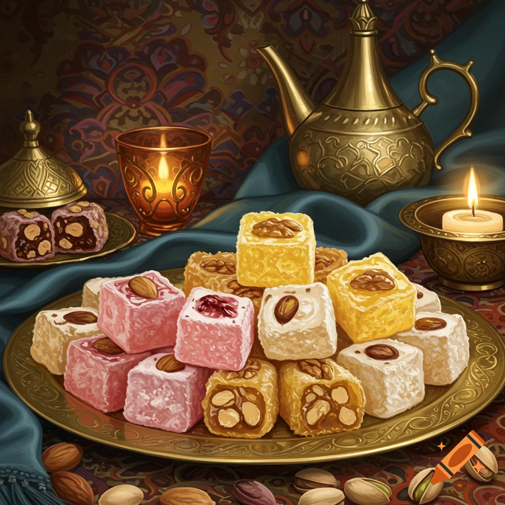 A colorful still life painting of a plate of Turkish delight candies with nuts, a brass teapot, and flickering candles.