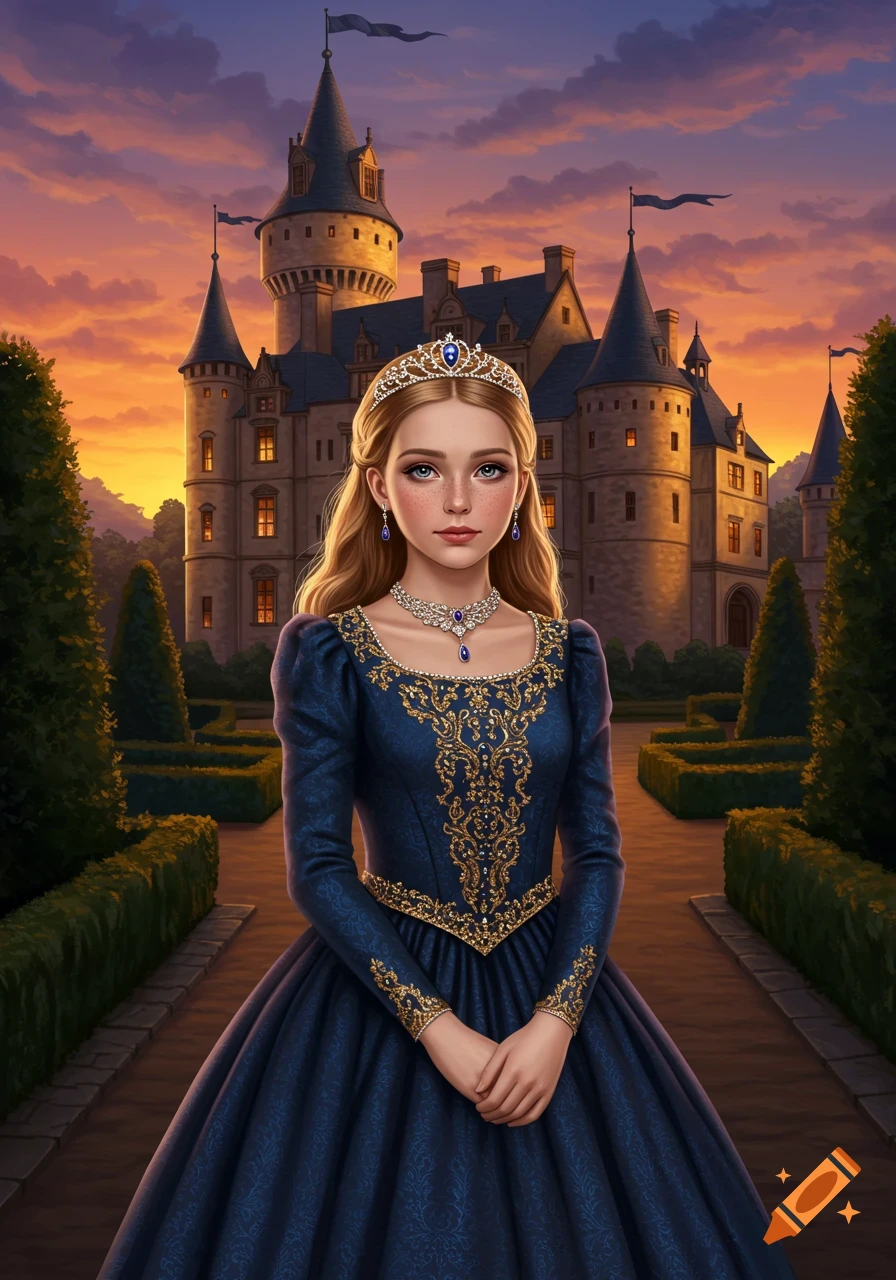 A portrait of a young princess in a blue and gold gown, wearing a tiara and necklace, standing in front of a castle at sunset.