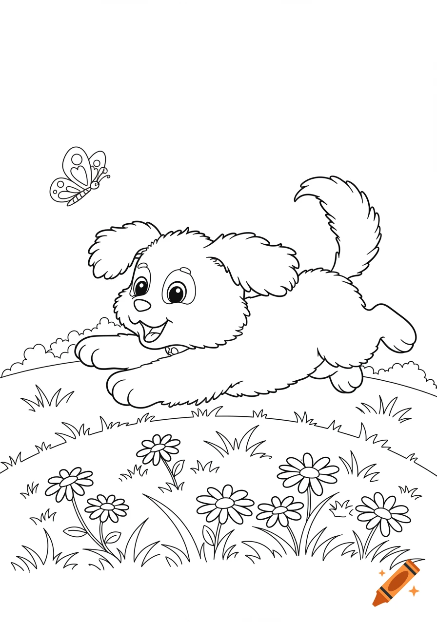 A black and white line drawing for a coloring book shows a playful puppy chasing a butterfly in a field of flowers.