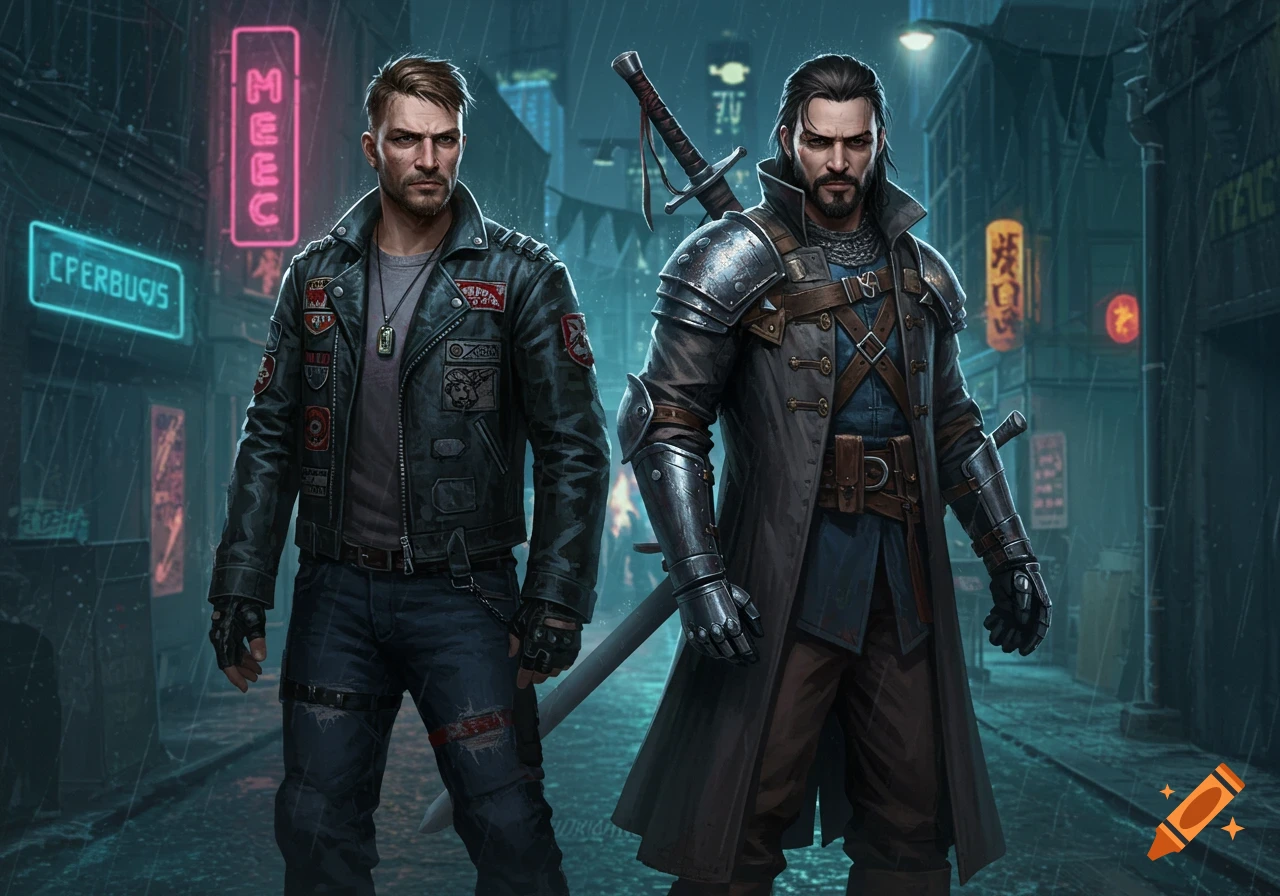 Two serious men, one a biker in a leather jacket and the other a swordsman in a trench coat and armor, stand in a rainy cyberpunk alley.