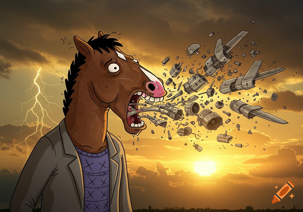 Cartoon horse BoJack Horseman throwing up airplane parts under a stormy sunset sky with lightning.