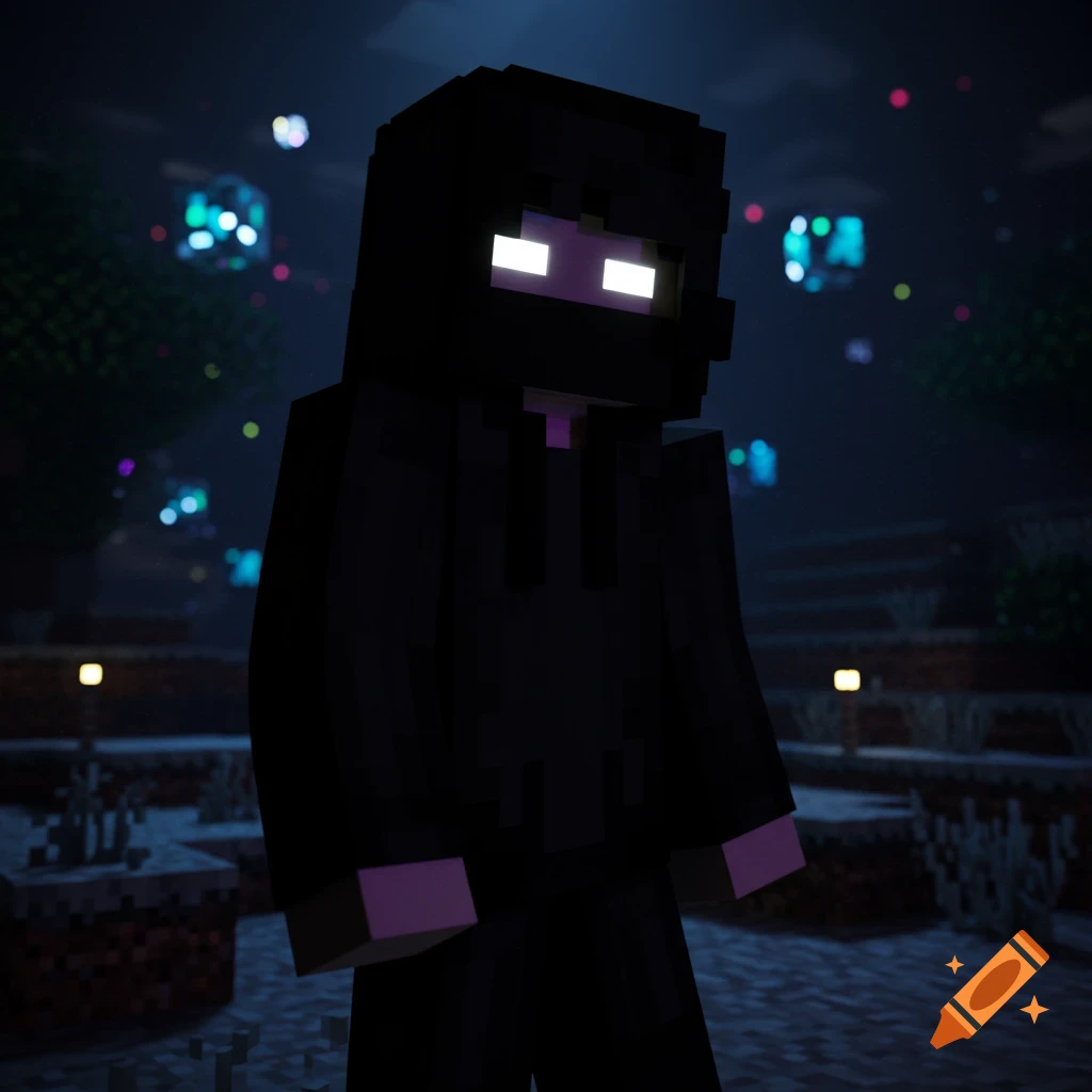A blocky Minecraft character with glowing white eyes, wearing a black hoodie and mask, standing in a dark, pixelated landscape.