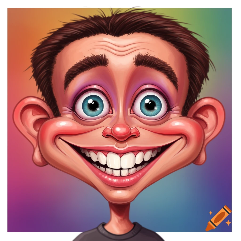 Cartoonish caricature of a man's head with wide eyes and a wide smile, set against a rainbow background.
