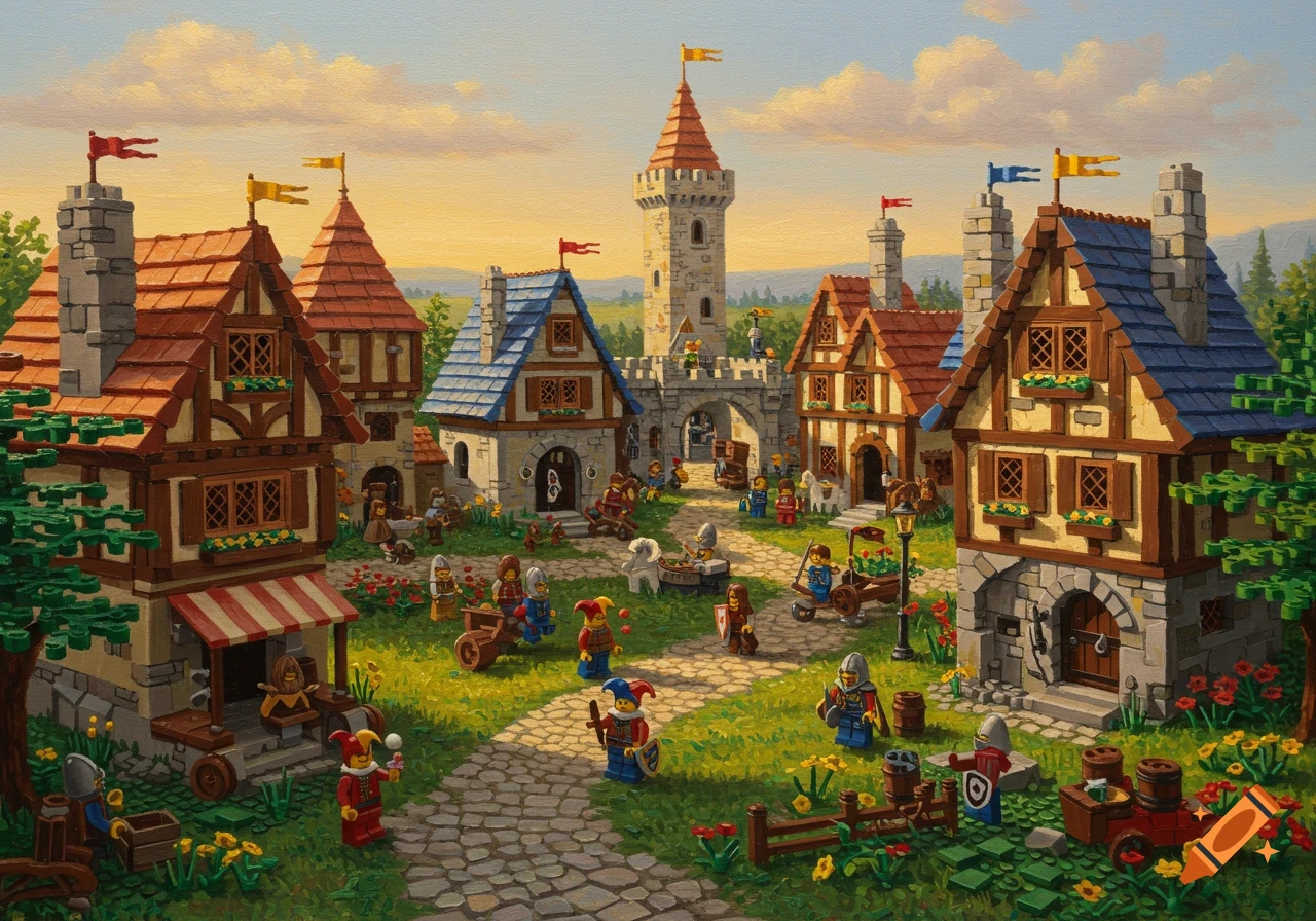 An oil painting of a vibrant medieval village made of Lego bricks, with minifigure characters, houses, and a castle tower under a warm sky.