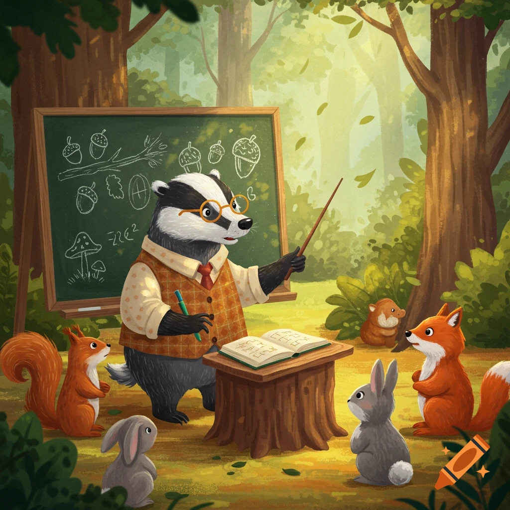 A cartoon badger wearing glasses and a vest teaches woodland animals in a forest with a blackboard and book.