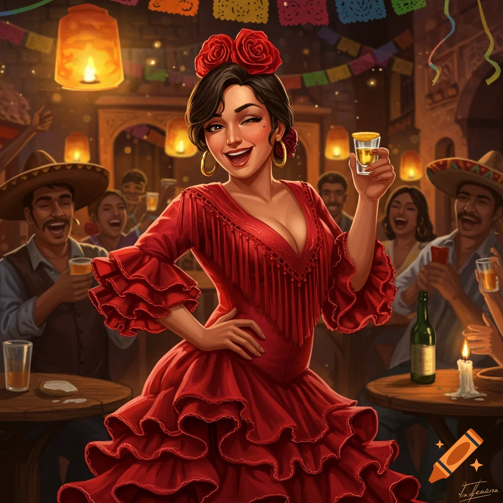 A winking woman in a vibrant red frilly dress holds a shot glass in a lively, festive bar with people in the background.