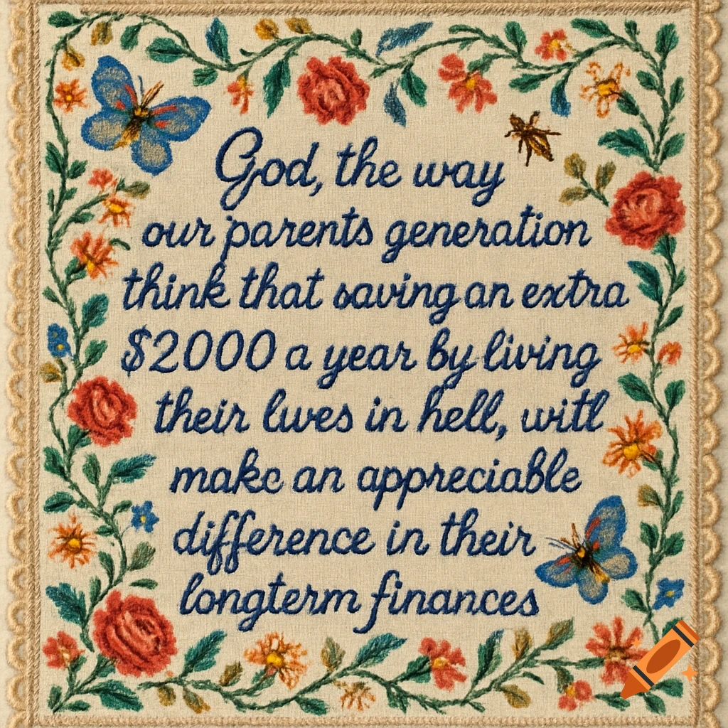 A needlepoint sampler with blue text on a beige background, bordered by a wreath of red roses, orange and blue flowers, and green leaves. Two blue butterflies and an insect are also on the border. The text reads: "God, the way our parents generation think that saving an extra $2000 a year by living their lives in hell, will make an appreciable difference in their longterm finances."