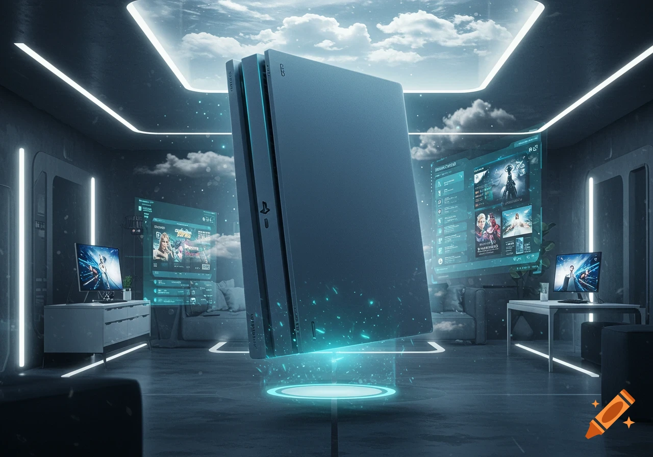 A large, futuristic dark gray gaming console floats centrally in a high-tech room with glowing blue accents and holographic screens displaying game interfaces. Clouds are visible through a ceiling opening.