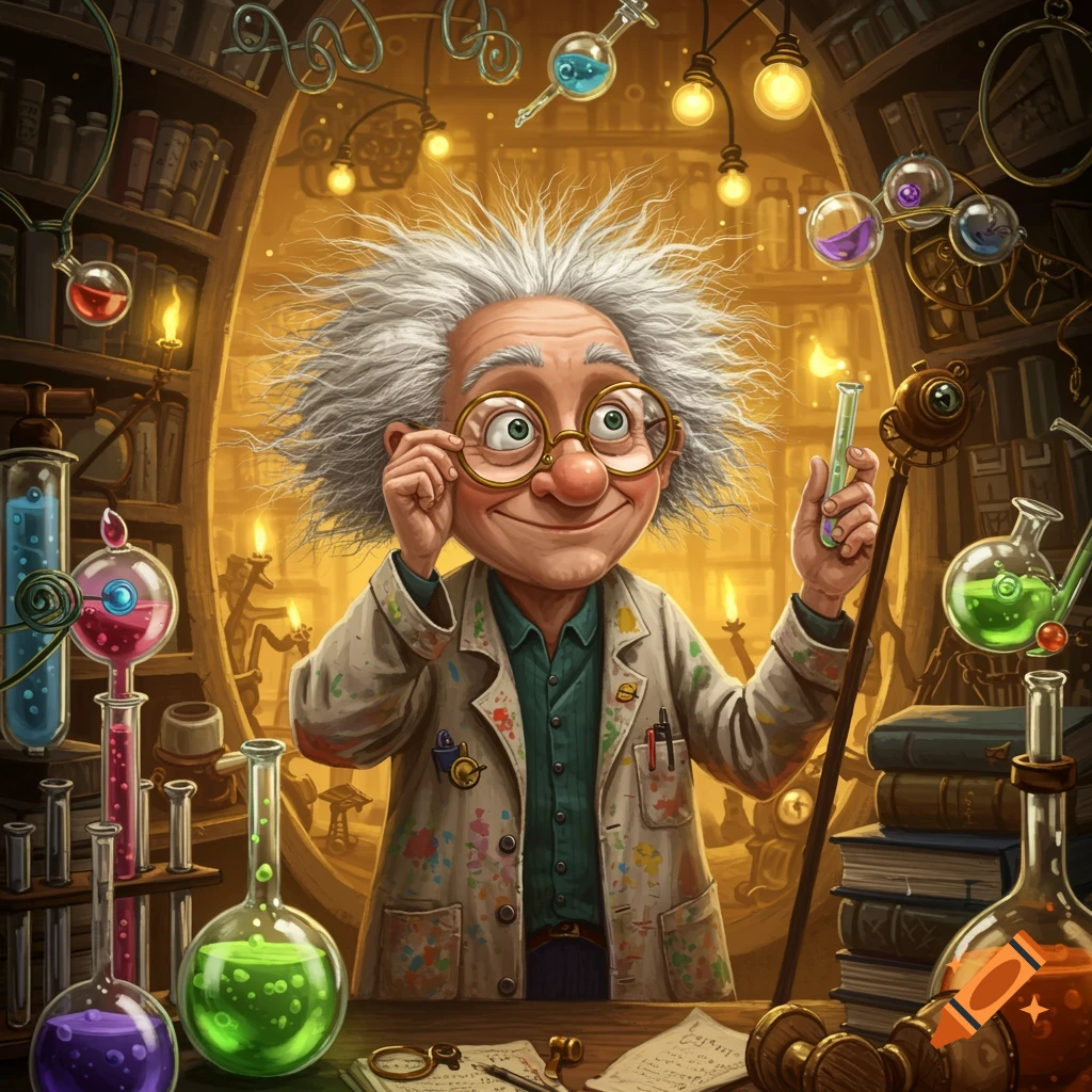 A whimsical cartoon illustration of a nutty, wild-haired old professor in a cluttered, glowing laboratory, holding a test tube.