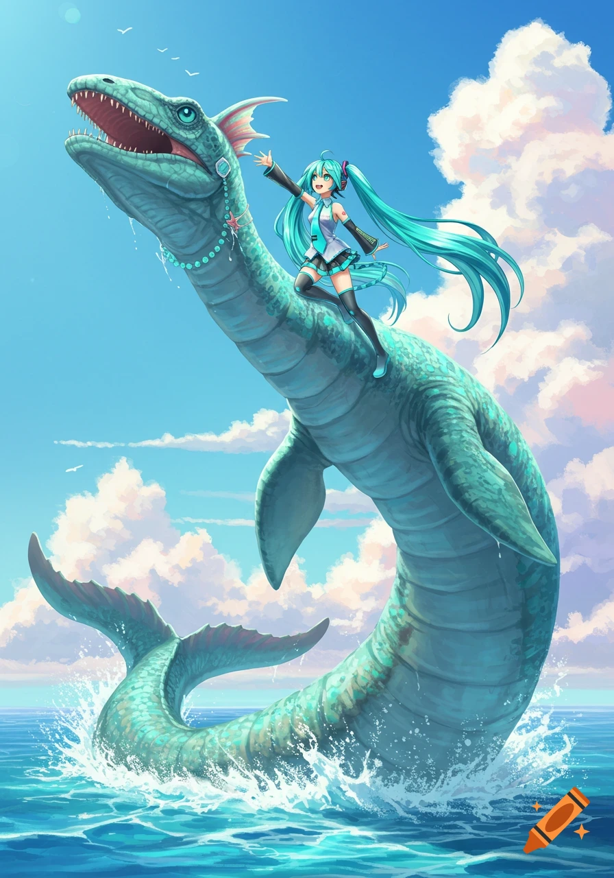 Anime illustration of Hatsune Miku riding a large teal Mosasaurus-like sea creature that emerges from the blue ocean under a bright sky with clouds.