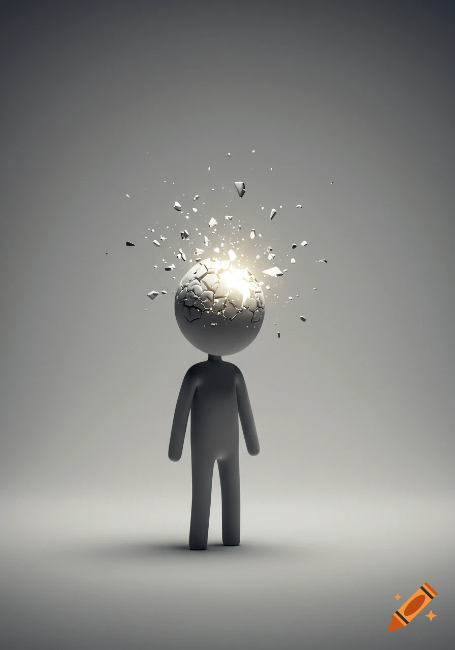 A minimalist gray stick figure with a glowing, fractured head from which pieces are exploding upwards.