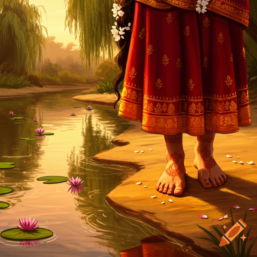 A person's feet with mehndi standing at the edge of a river with lotus flowers, wearing a red traditional Indian dress. Painterly style.