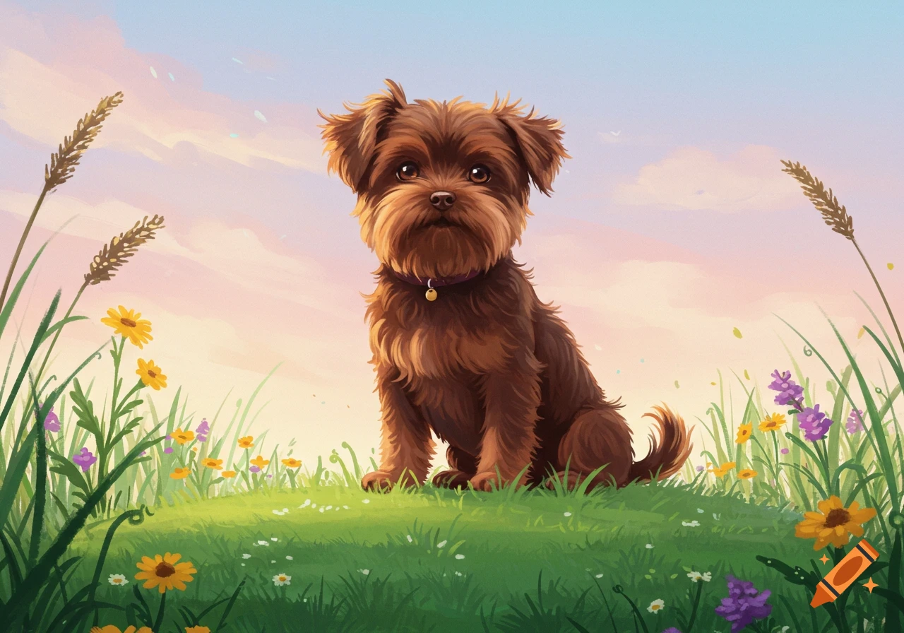 A cute small brown dog sitting in a vibrant green field with colorful wildflowers under a soft sky.