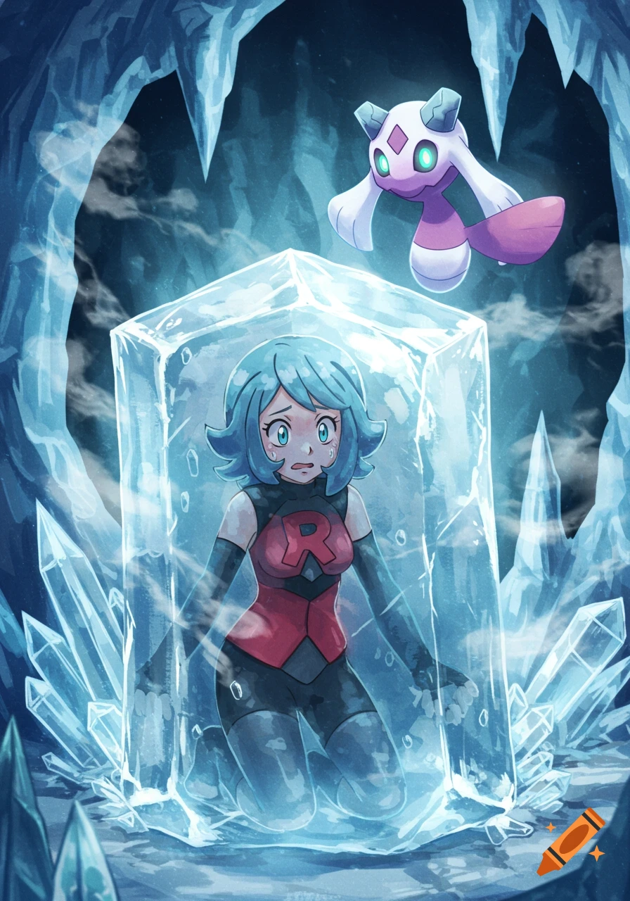 Blue-haired Shelly from Pokemon, wearing a Team Rocket uniform, is frozen in ice, looking scared, with Froslass hovering above her in an icy cave. Anime style.
