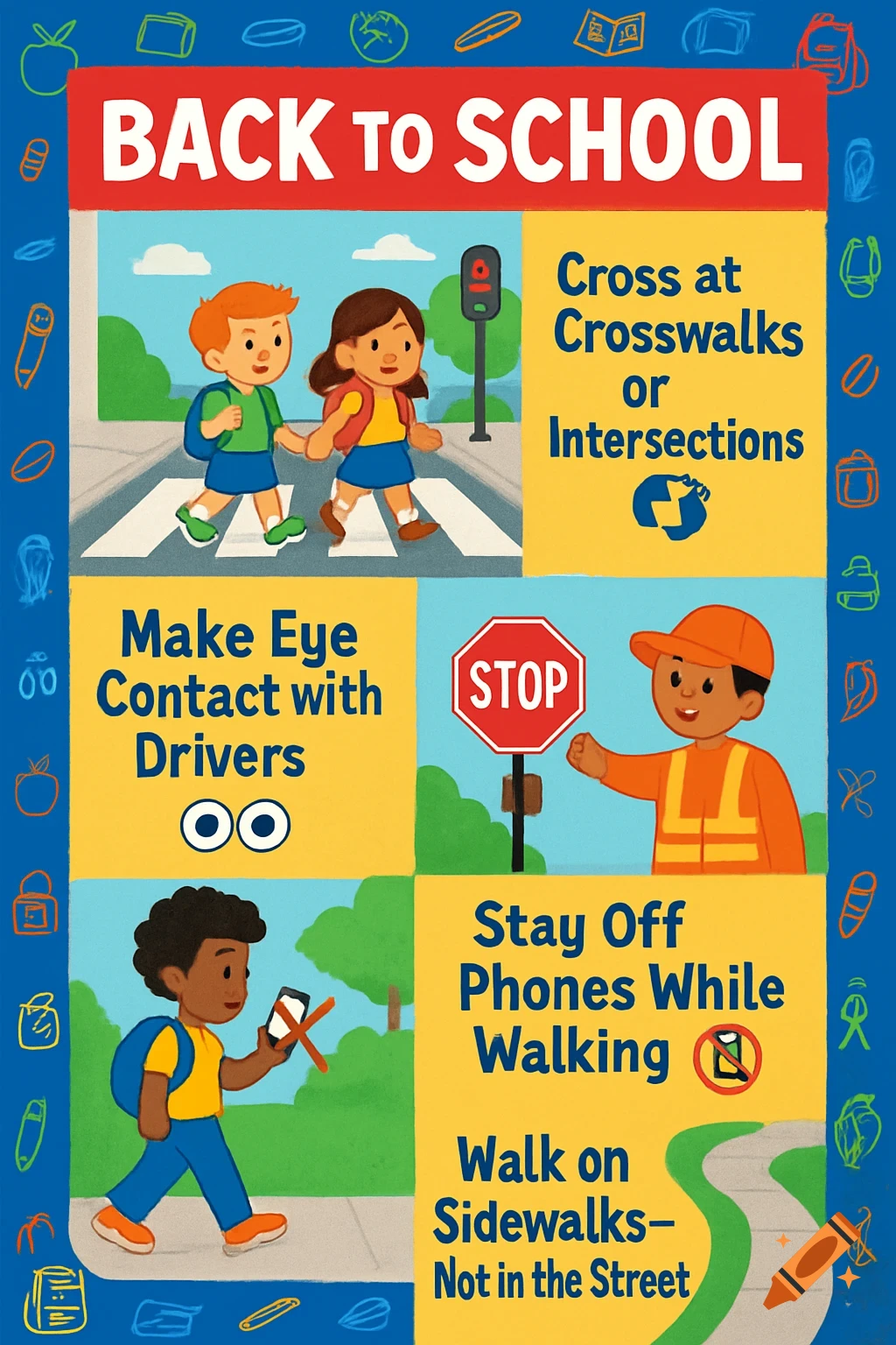 A colorful back to school safety flyer illustrating rules like crossing at crosswalks, making eye contact, following stop signs, not using phones, and walking on sidewalks.