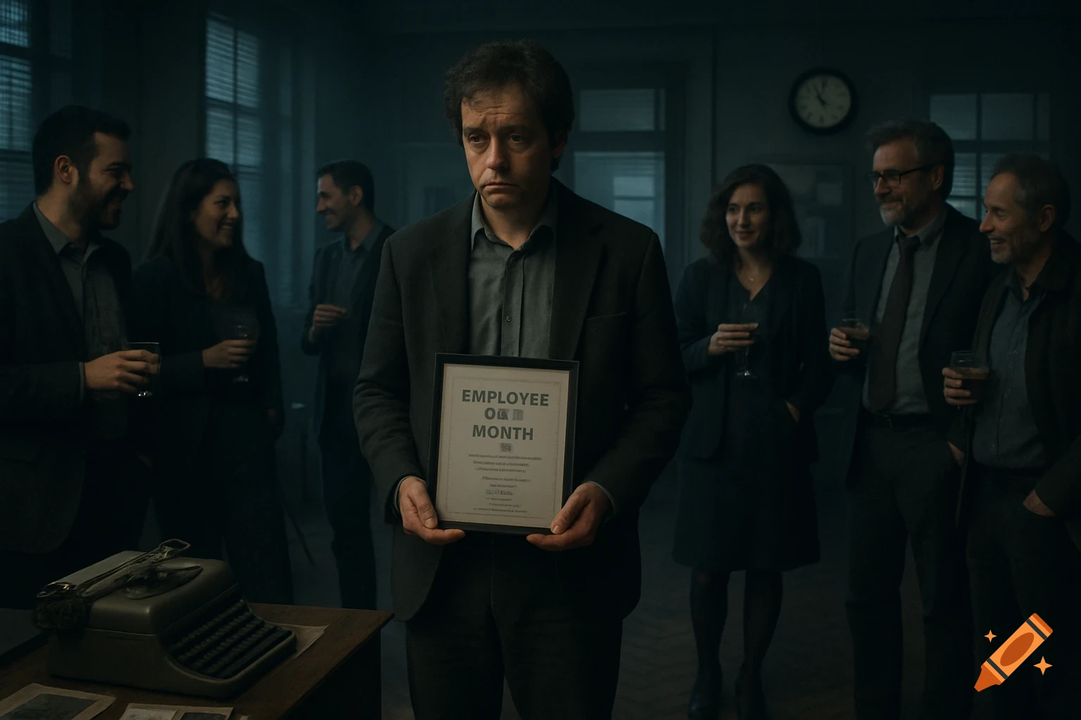 A man with a forlorn expression holds an "Employee of the Month" certificate in a dimly lit office. Other people around him smile, holding drinks, at a work farewell party.
