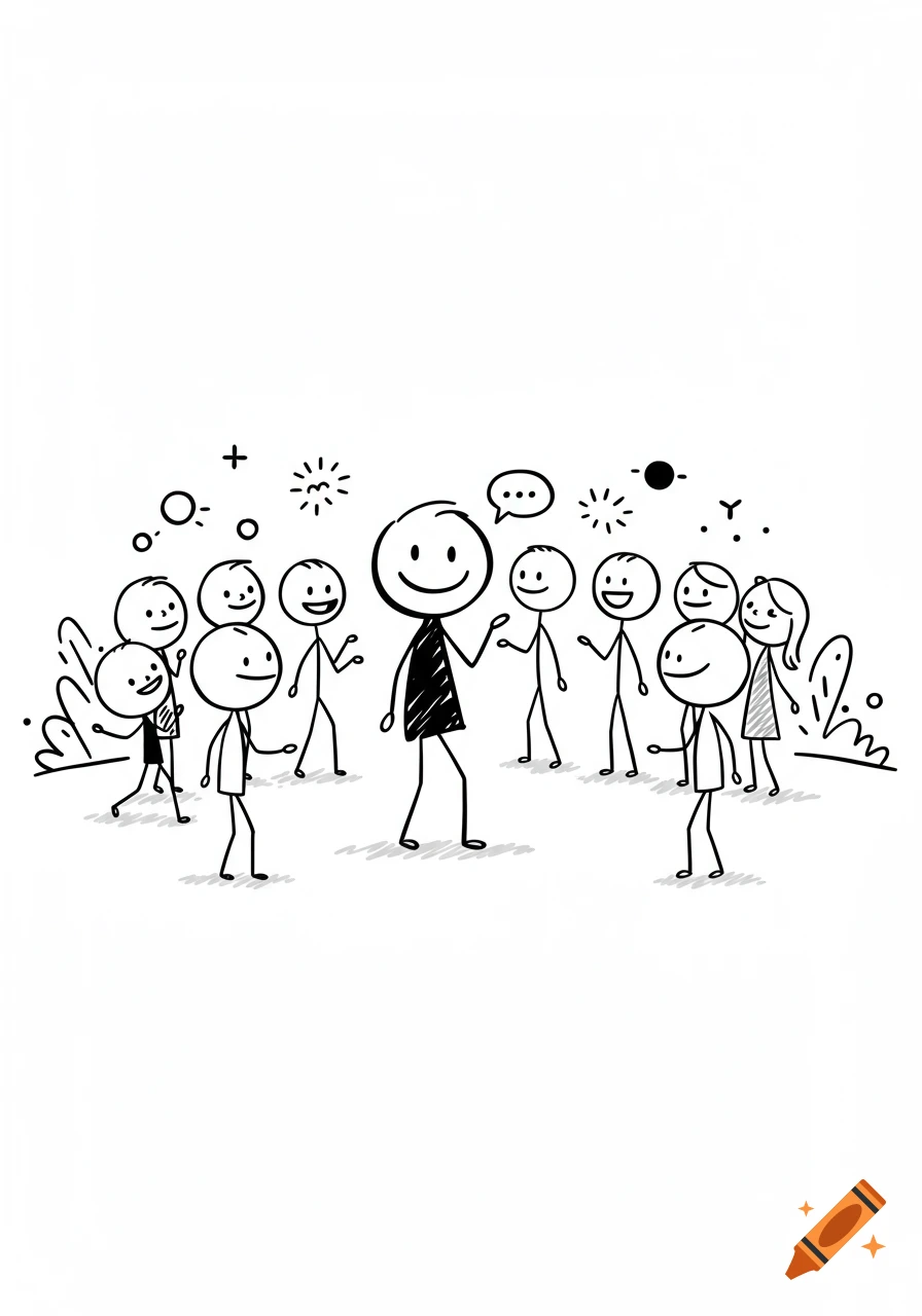 A black and white stick figure illustration shows a central stick figure talking to a group of surrounding stick figures.