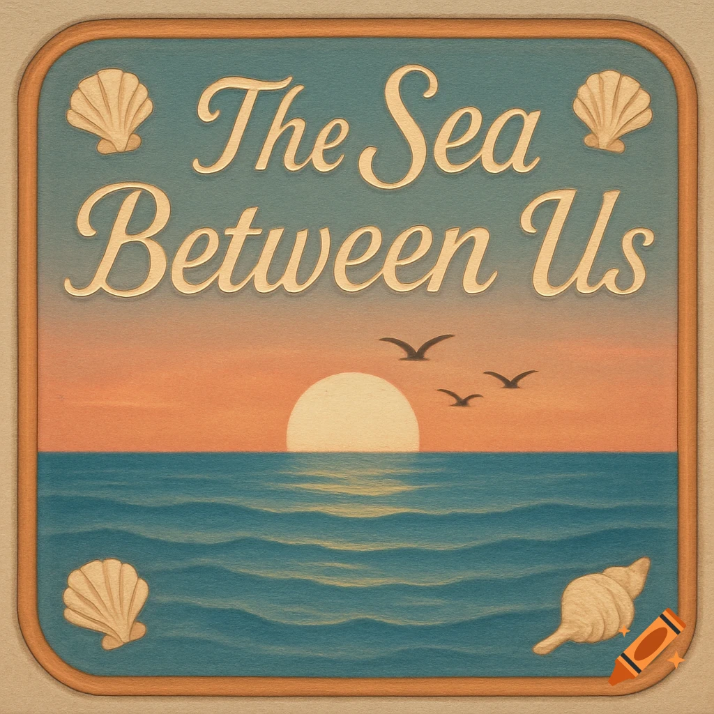 A decorative sign for a beach house depicting a sunset over the ocean, with three birds flying and seashells. Text reads "The Sea Between Us".