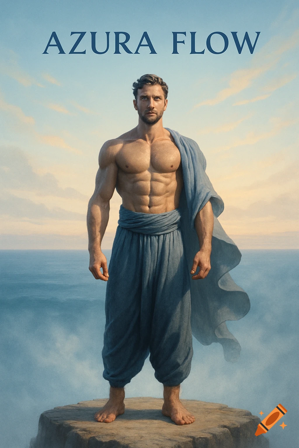 Muscular man in blue clothing stands on a rock overlooking the ocean, with 'AZURA FLOW' text above.