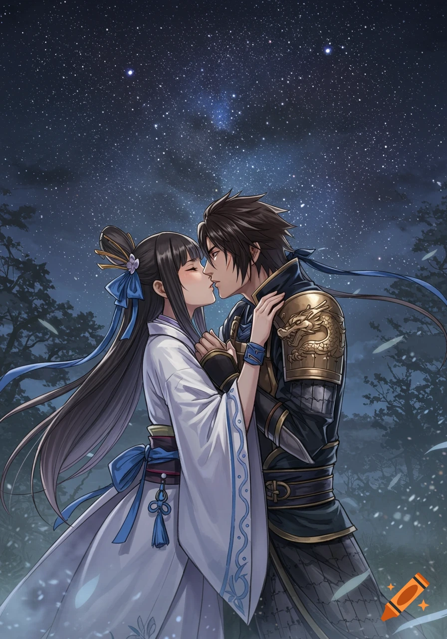 A man and woman in anime style, dressed in traditional attire and armor, share a tender kiss under a starry night sky.
