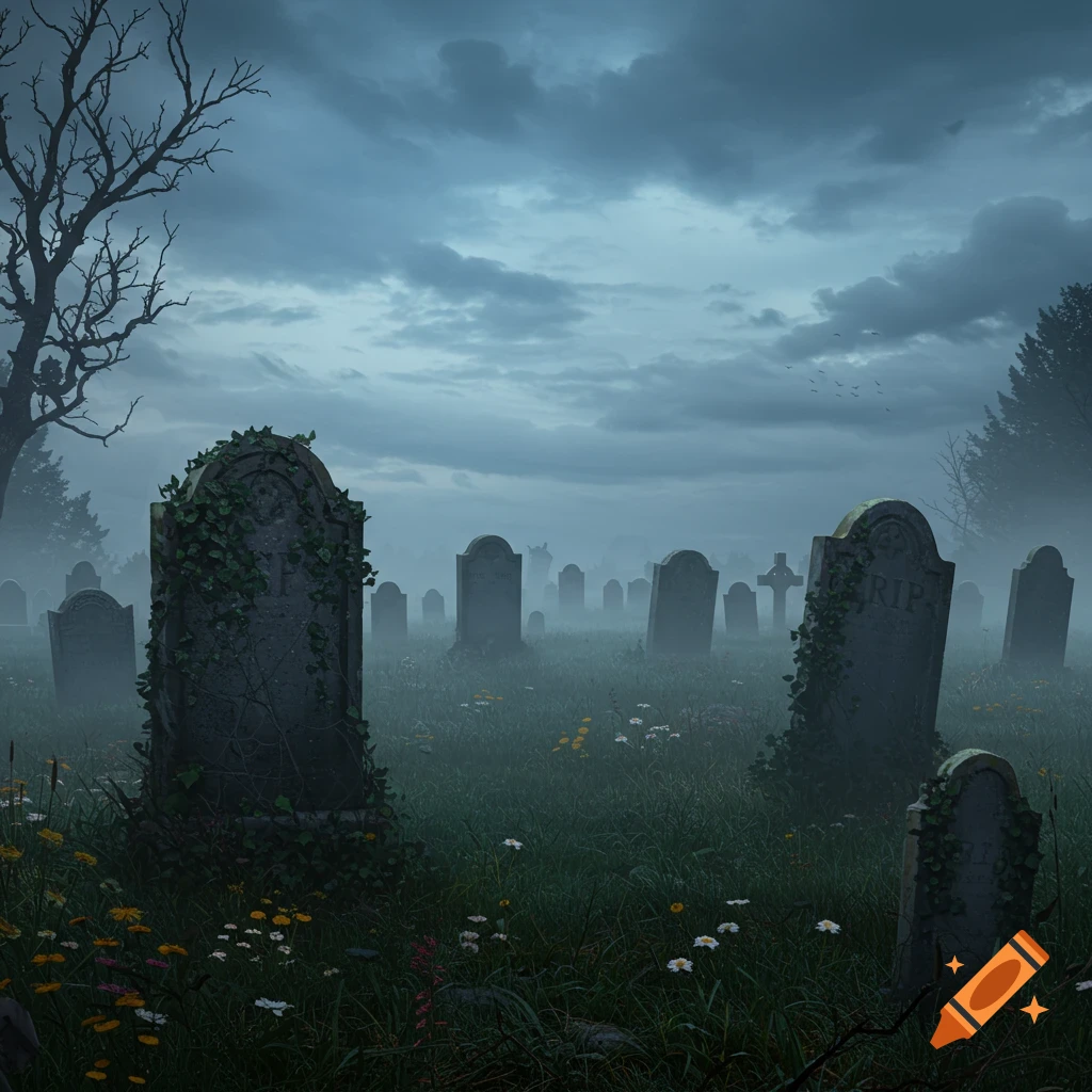 A misty, desolate graveyard under a dark, cloudy sky, with numerous weathered tombstones, some covered in ivy, and scattered wildflowers.