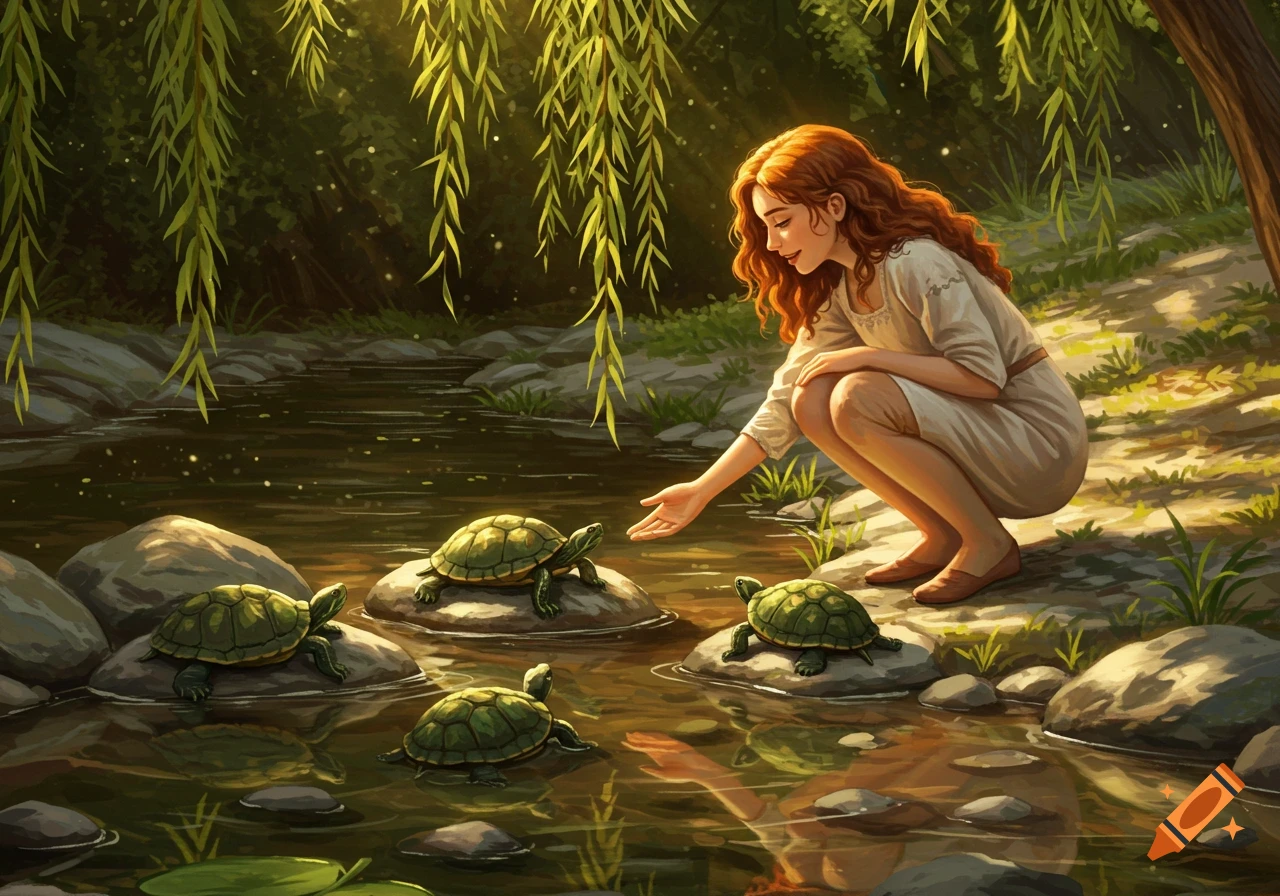 A young woman with red hair crouches by a sunlit creek, reaching out to turtles on rocks and in the water. Digital painting.