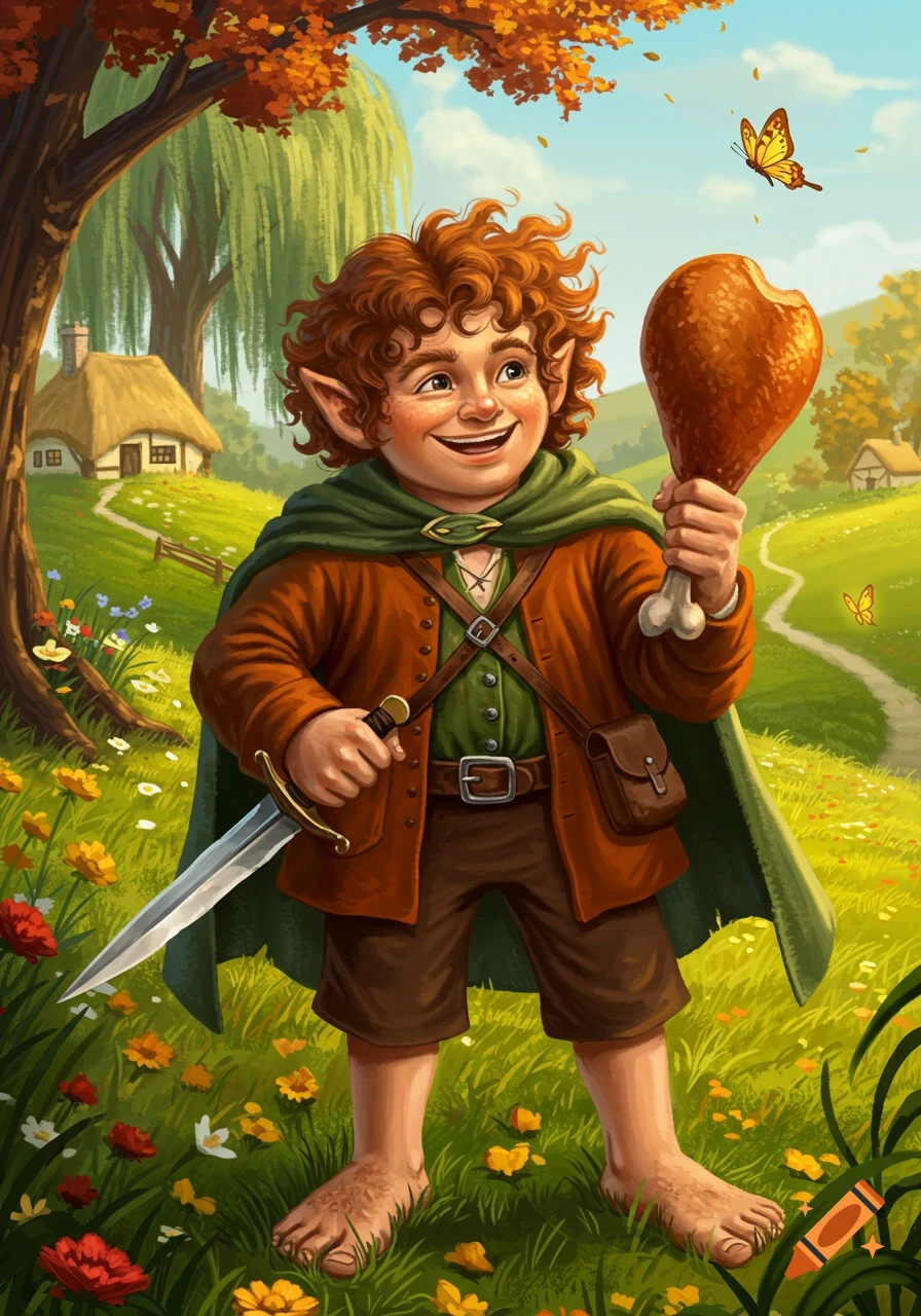 A cheerful hobbit holding a turkey leg and a dagger in a sunny field with houses and trees in the background, illustration.