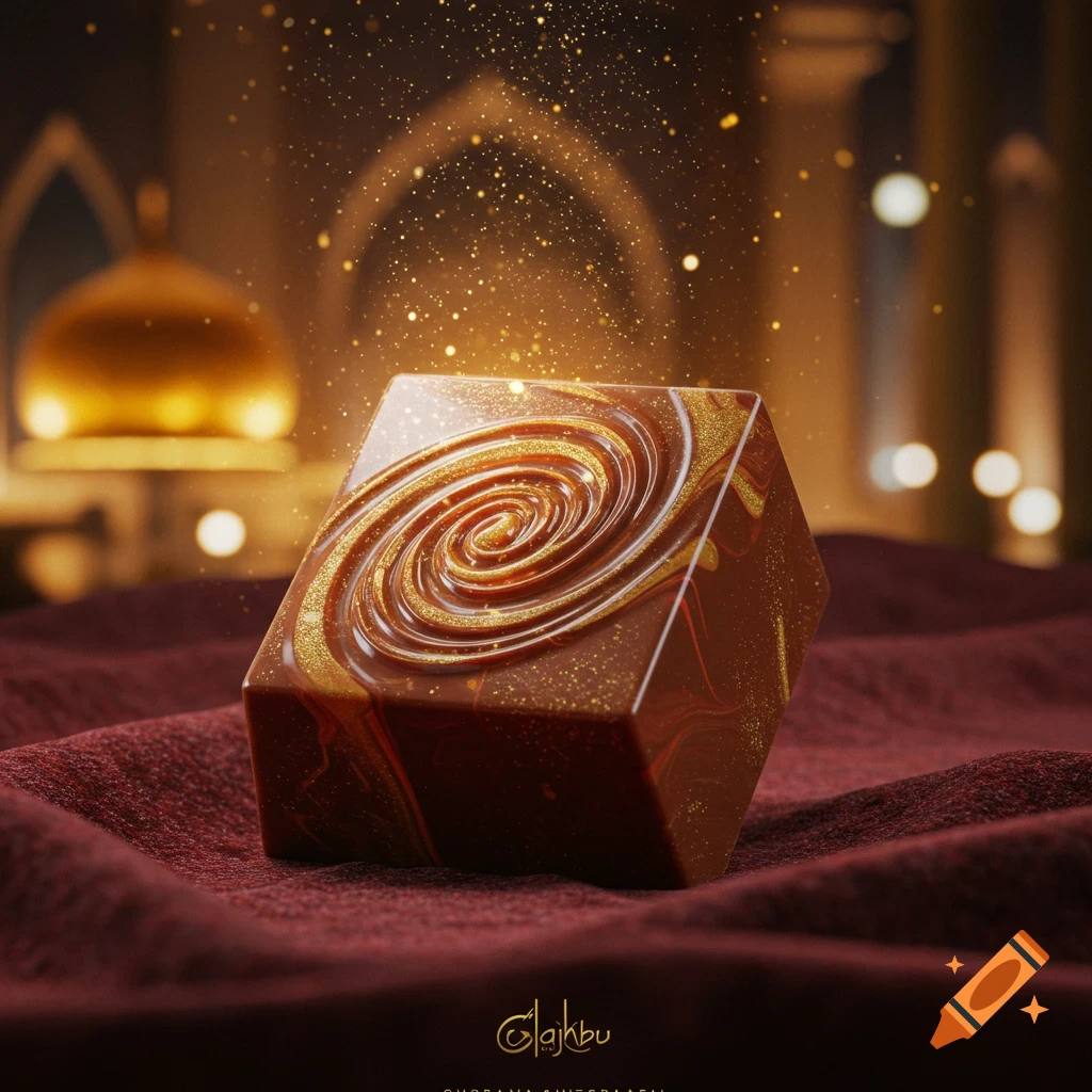 A luxurious hexagonal chocolate with golden swirls and sprinkles, on a red cloth with a blurred golden dome in the background.