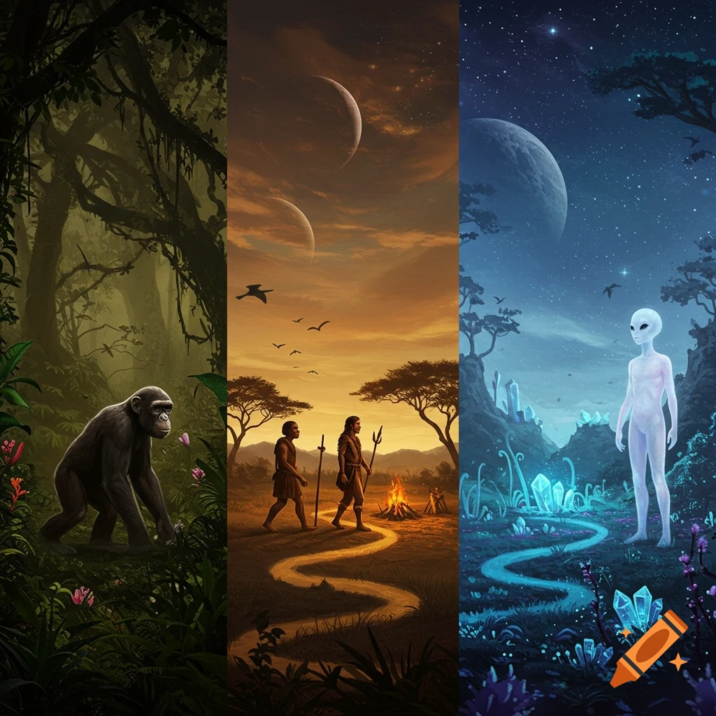 A triptych illustration depicting evolution: a chimpanzee in a jungle, early humans in a savanna, and an alien on an otherworldly planet.