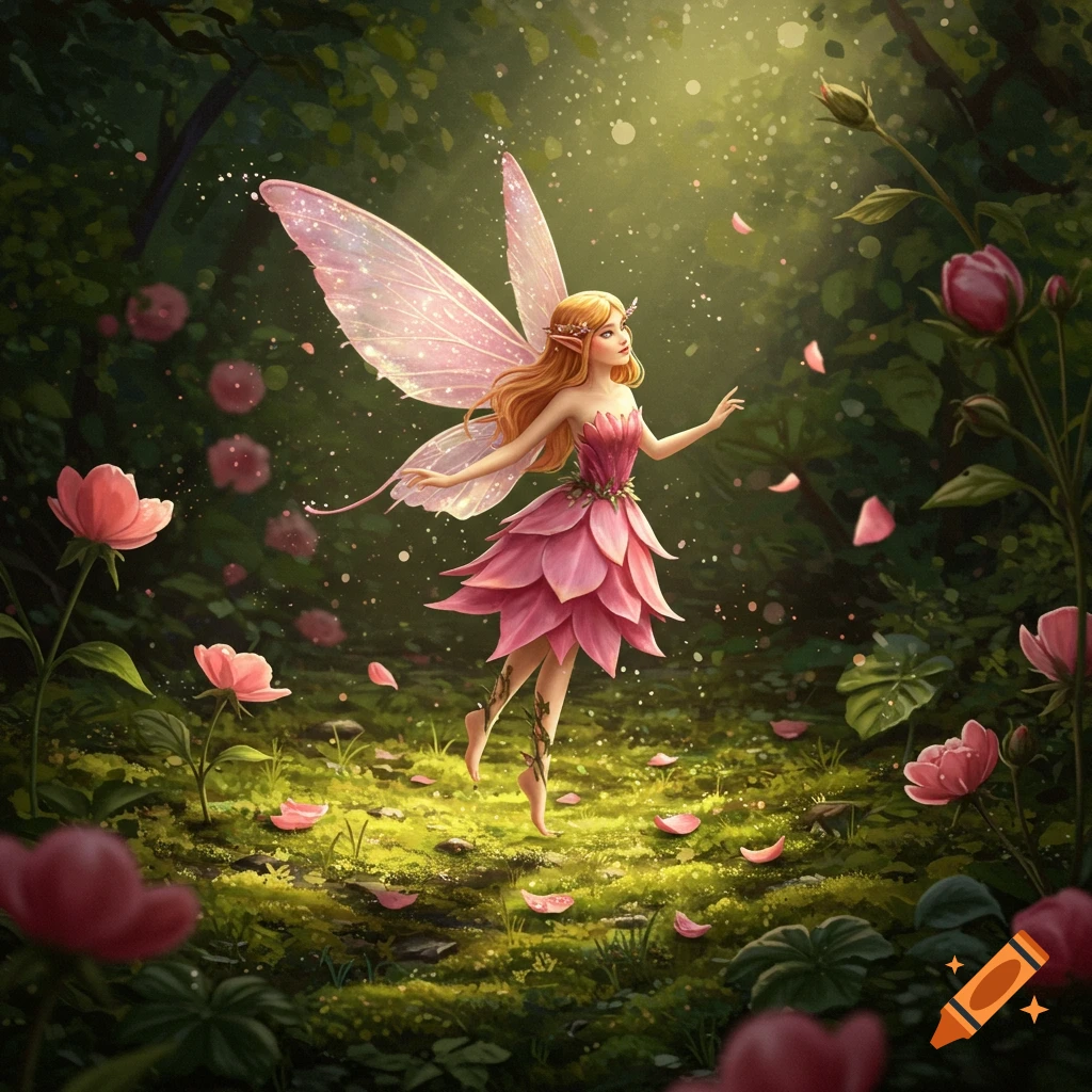 A fairy in a pink petal dress with pink wings stands in a magical sunlit forest amidst pink flowers and falling petals.
