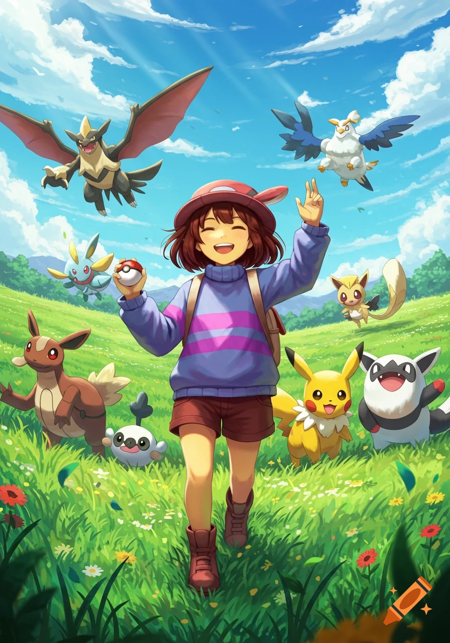 A cheerful anime girl resembling Frisk, dressed as a Pokemon trainer, walks in a sunny field with a Pokeball and several Pokemon.
