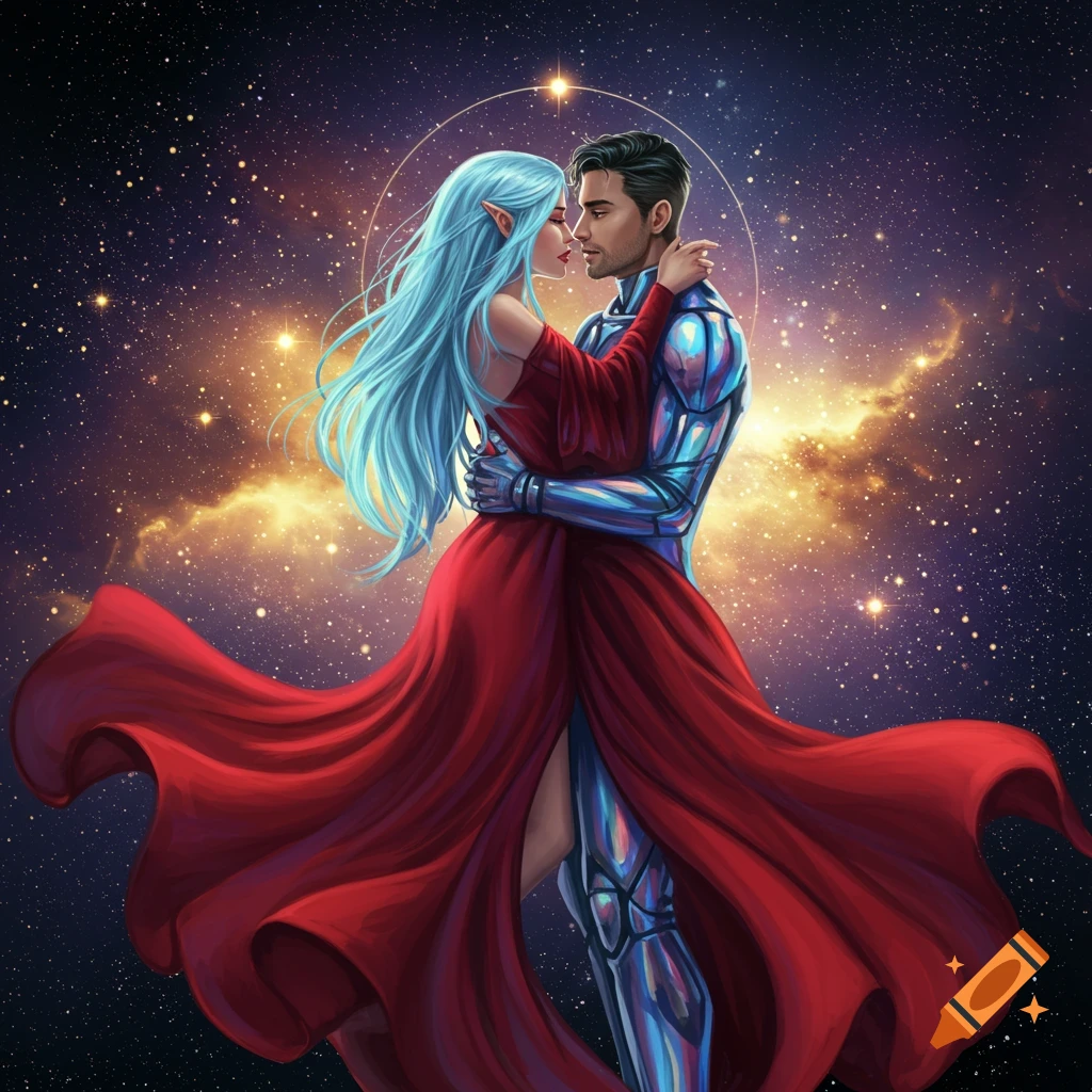 A man in a blue sci-fi suit embracing an elf-like woman with long blue hair in a flowing red dress, against a starry cosmic background.