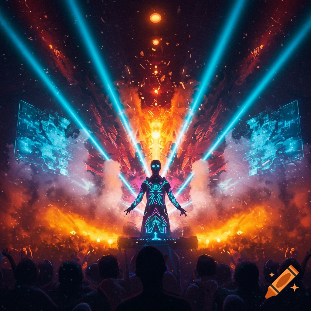 A vibrant, futuristic concert scene with a glowing DJ on stage, casting blue laser beams and surrounded by fiery orange light over a silhouetted crowd.