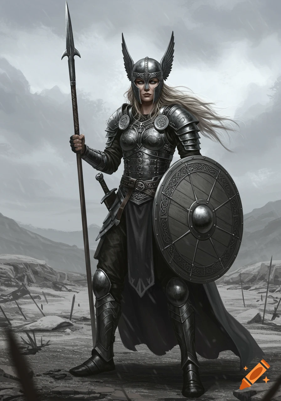 A powerful Valkyrie in full armor stands on a bleak battlefield, holding a spear and a round shield.