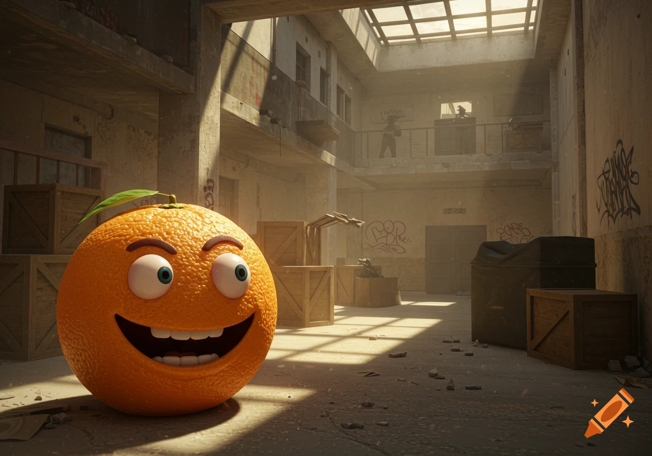 A grinning cartoon orange stands in a desolate, graffiti-filled building, resembling a CS:GO map, with armed figures on a balcony.