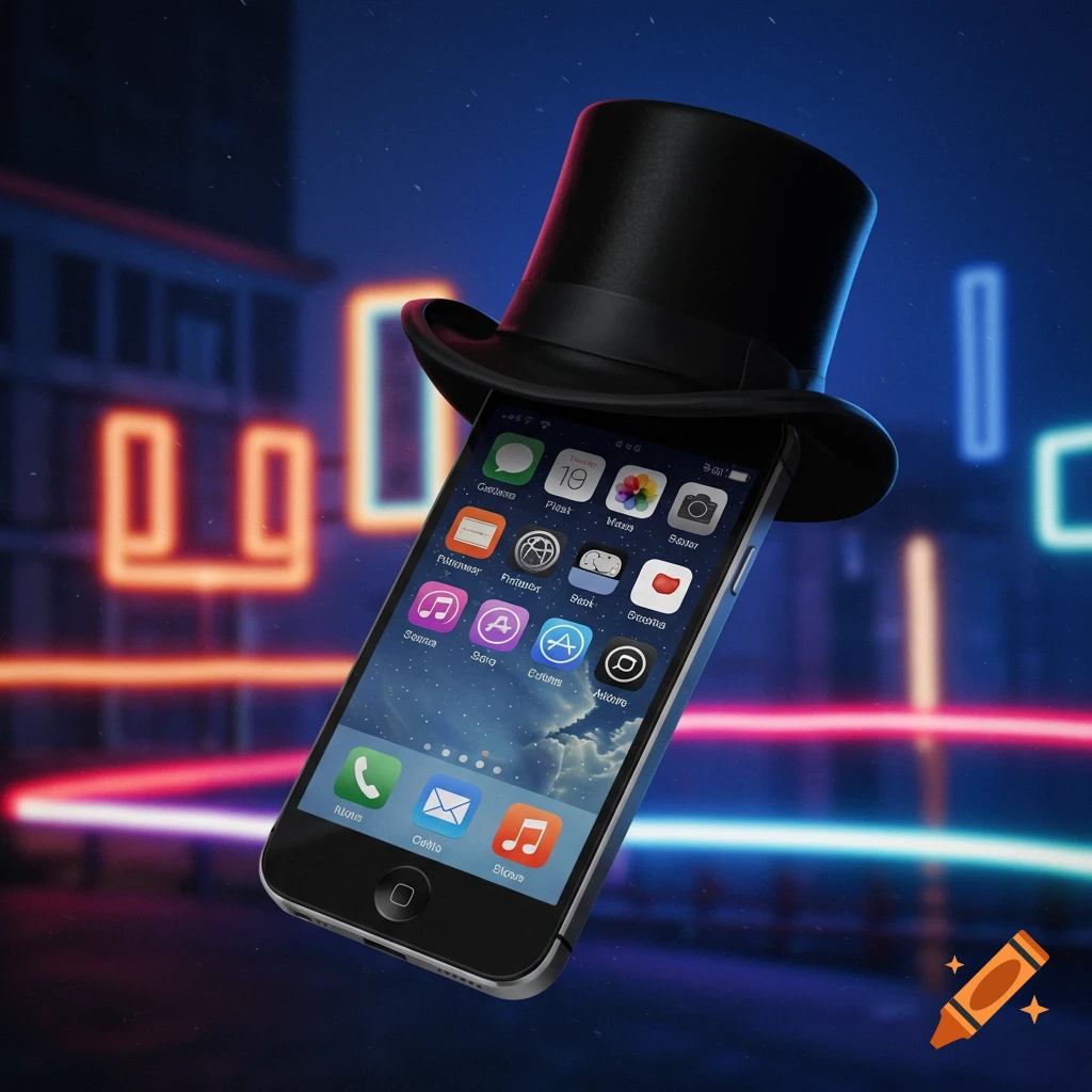 A smartphone wearing a black top hat floats against a blurry city background illuminated by colorful neon lights. Stylized.