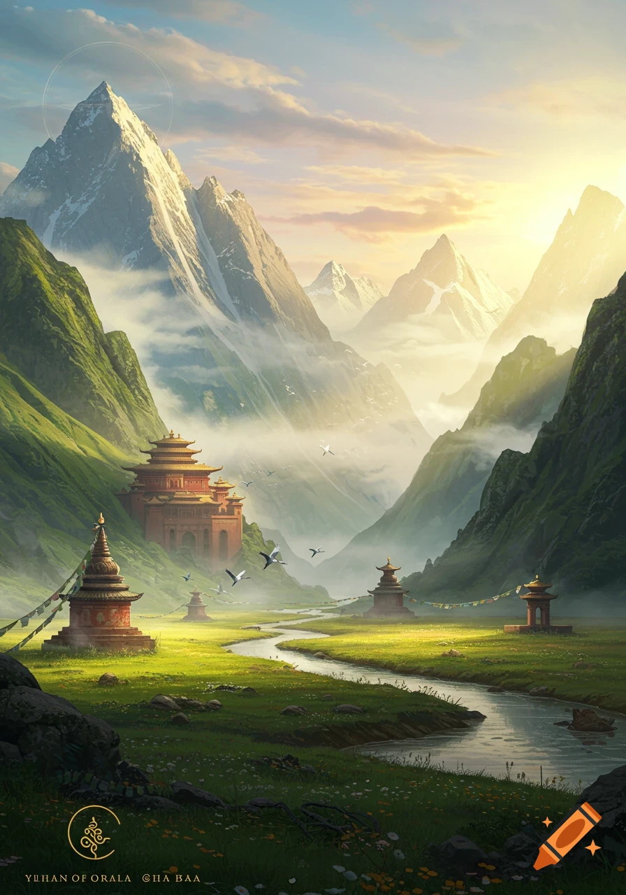 Vast mountain landscape with a river winding through a green valley, featuring red-roofed temples and stupas, bathed in sunlight.