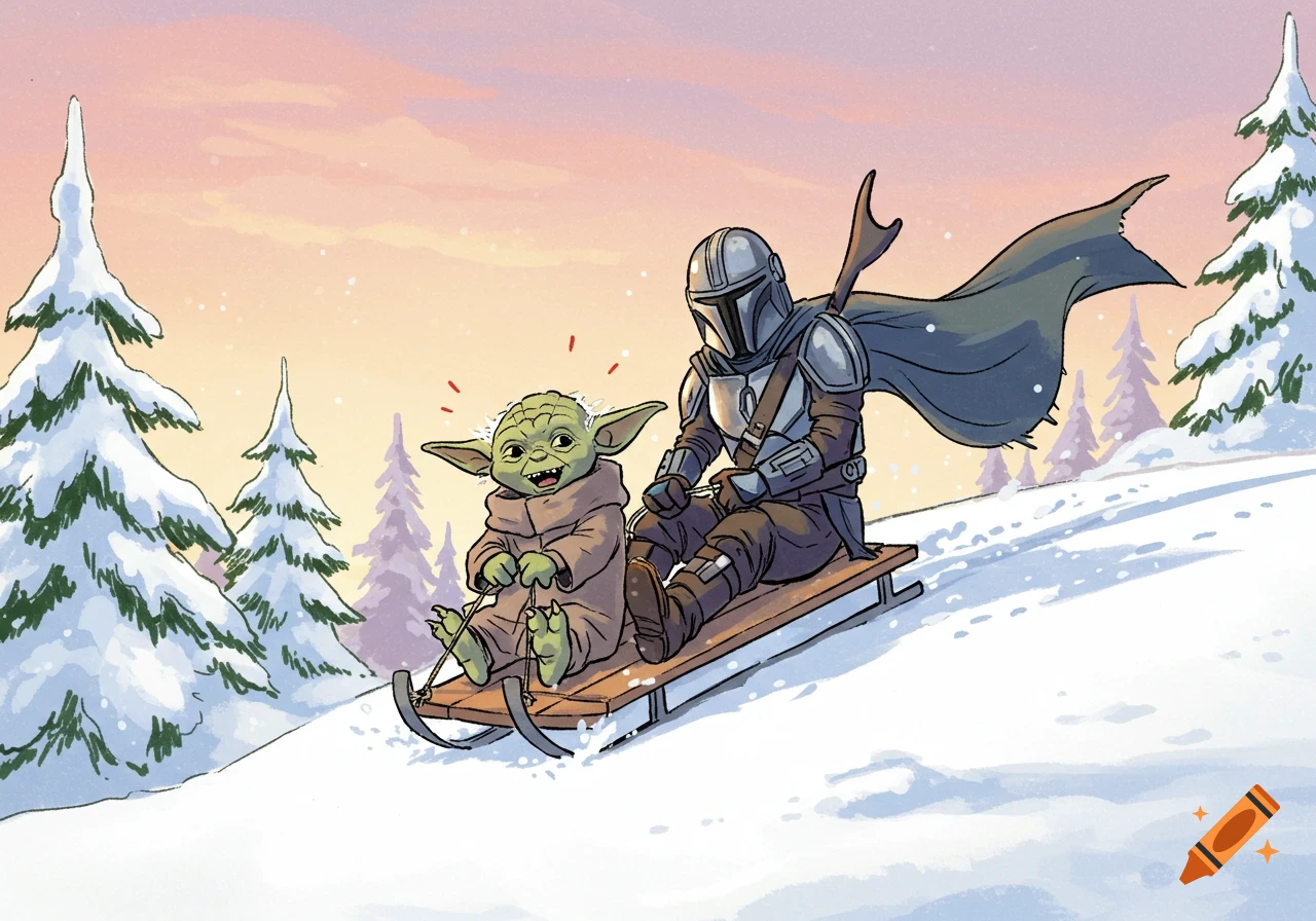 Cartoon of Yoda and the Mandalorian sledding down a snowy hill at sunset.
