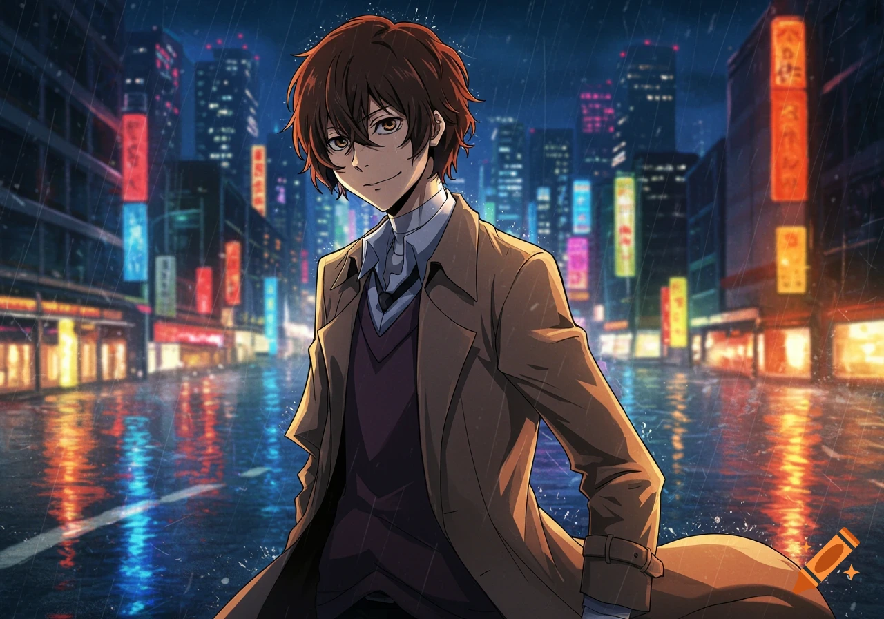 Anime male character with brown hair and trench coat in a rainy city street at night with neon lights reflecting on wet ground.