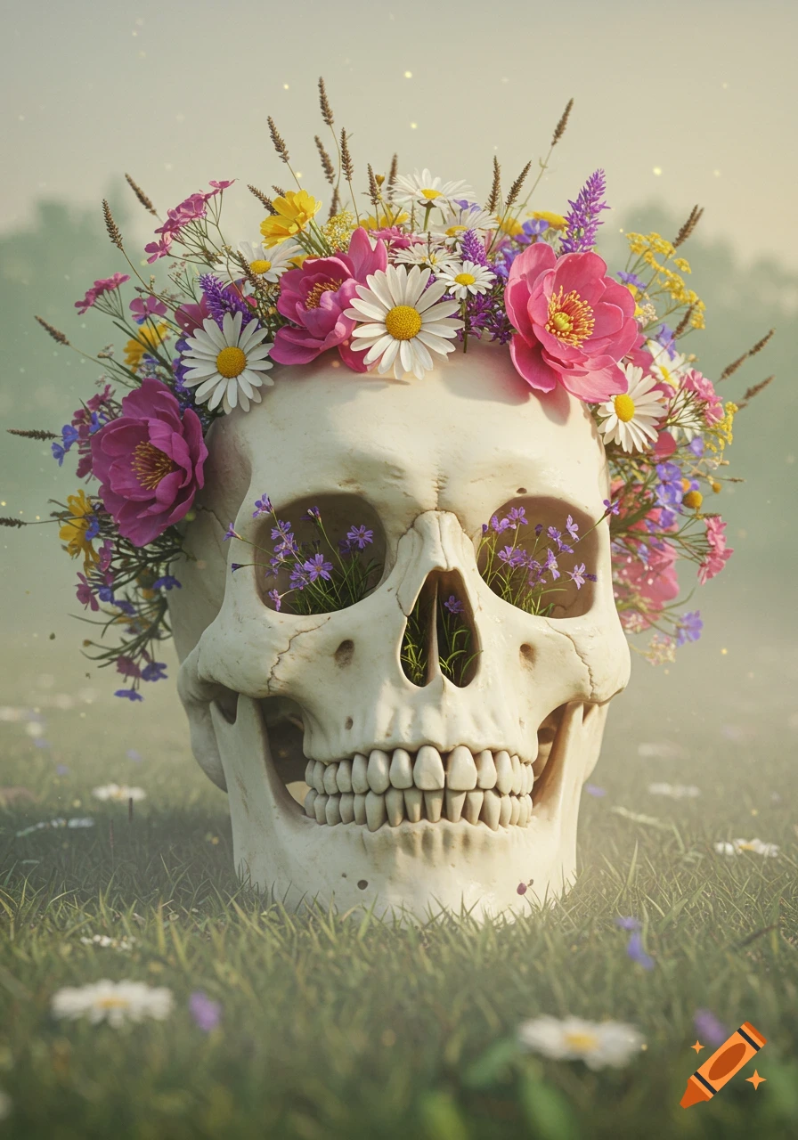 A human skull adorned with a vibrant crown of wildflowers sits in green grass.