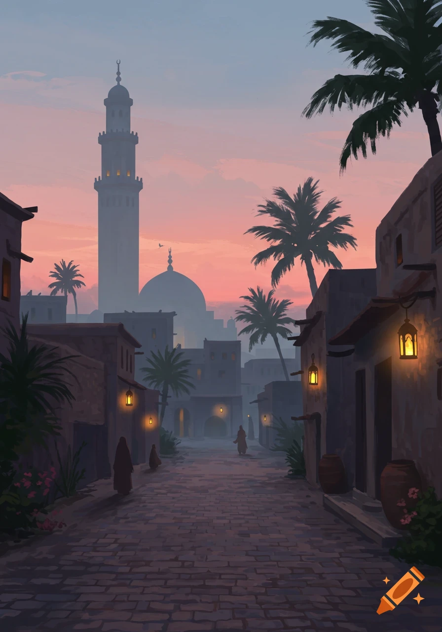 A stylized illustration of a Middle Eastern street at dusk, with a mosque, a minaret, and palm trees under a pink and blue sky.
