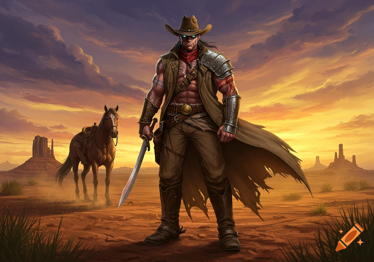A muscular cowboy in a duster coat holds a sword, standing with a horse in a desert landscape at sunset. Digital painting.