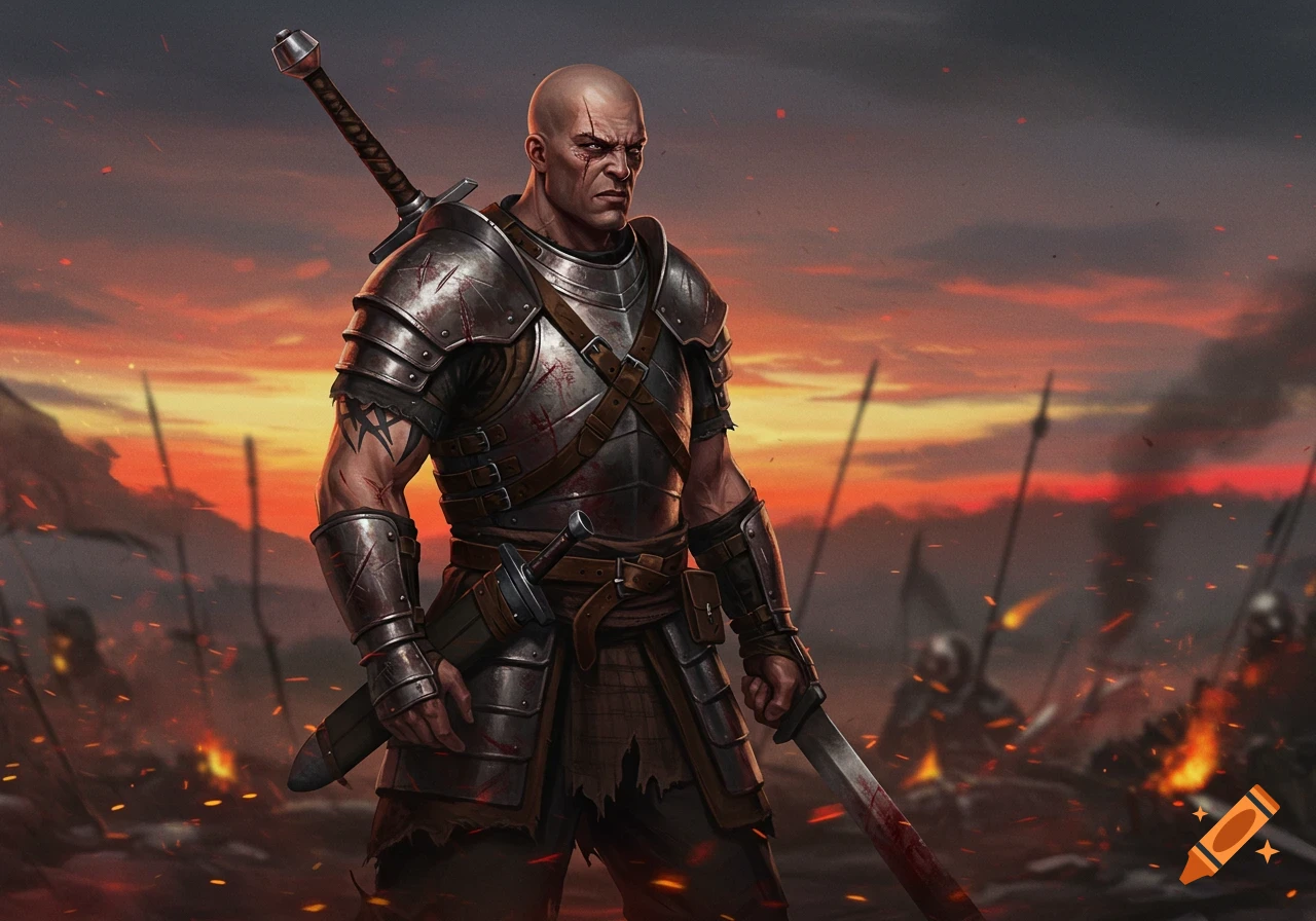 A bald, heavily armored warrior with a sword stands on a fiery battlefield at sunset in a digital art style.