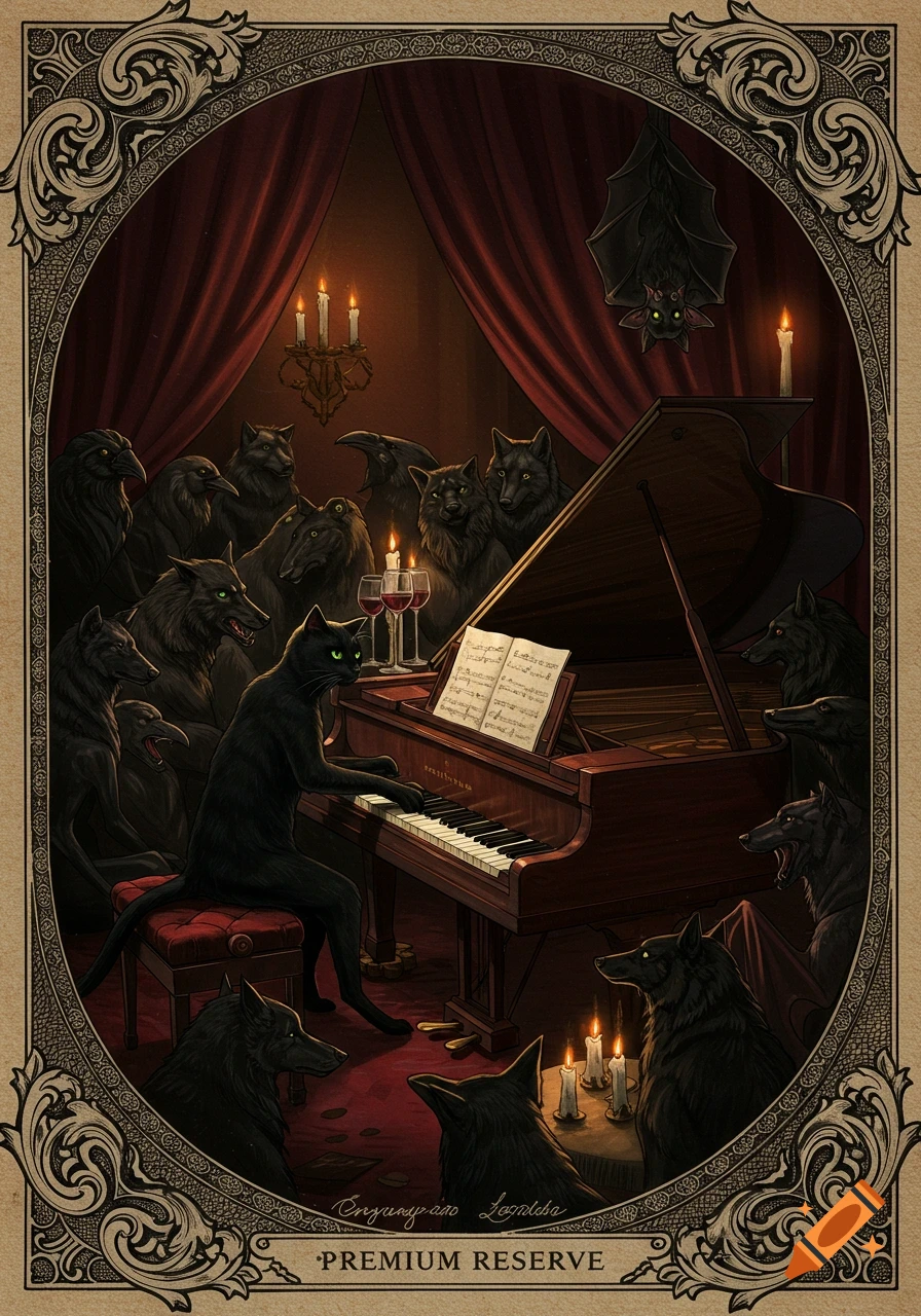 A black cat plays a grand piano for an audience of wolves, crows, and a bat in a lavish gothic room, styled as a vintage wine label.