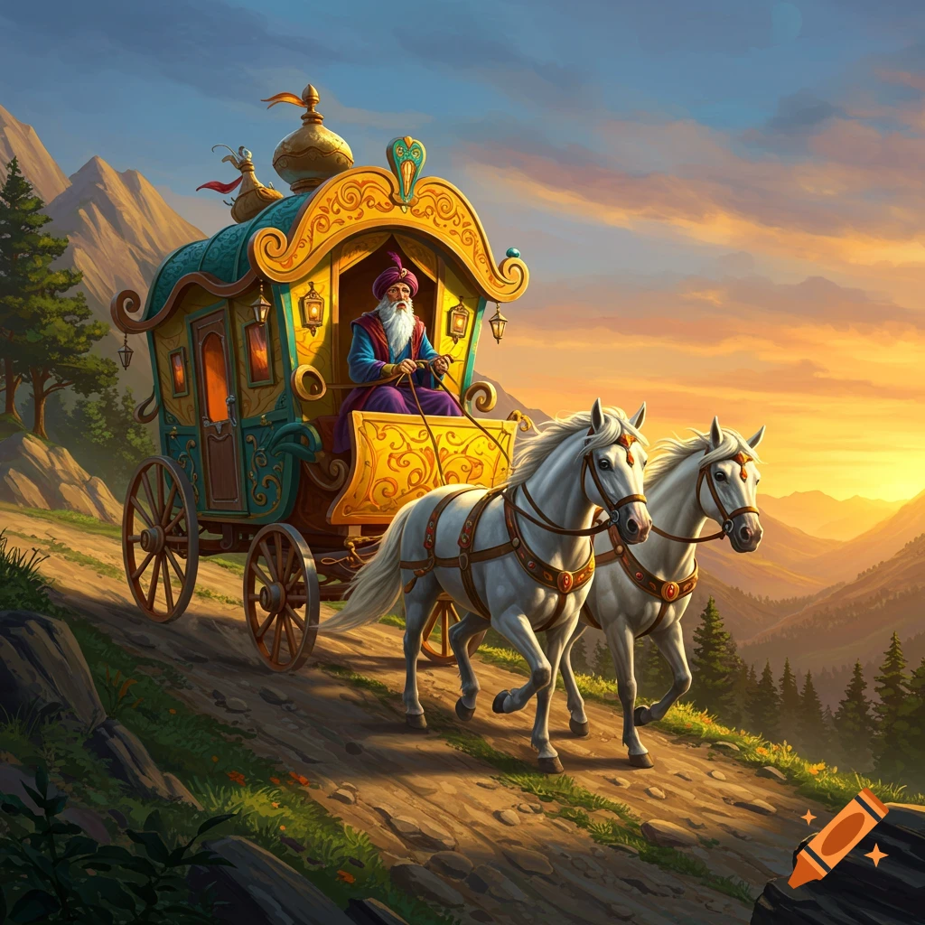 A wizard in a colorful, ornate wagon pulled by two white horses travels down a mountain road at sunset, illustration style.