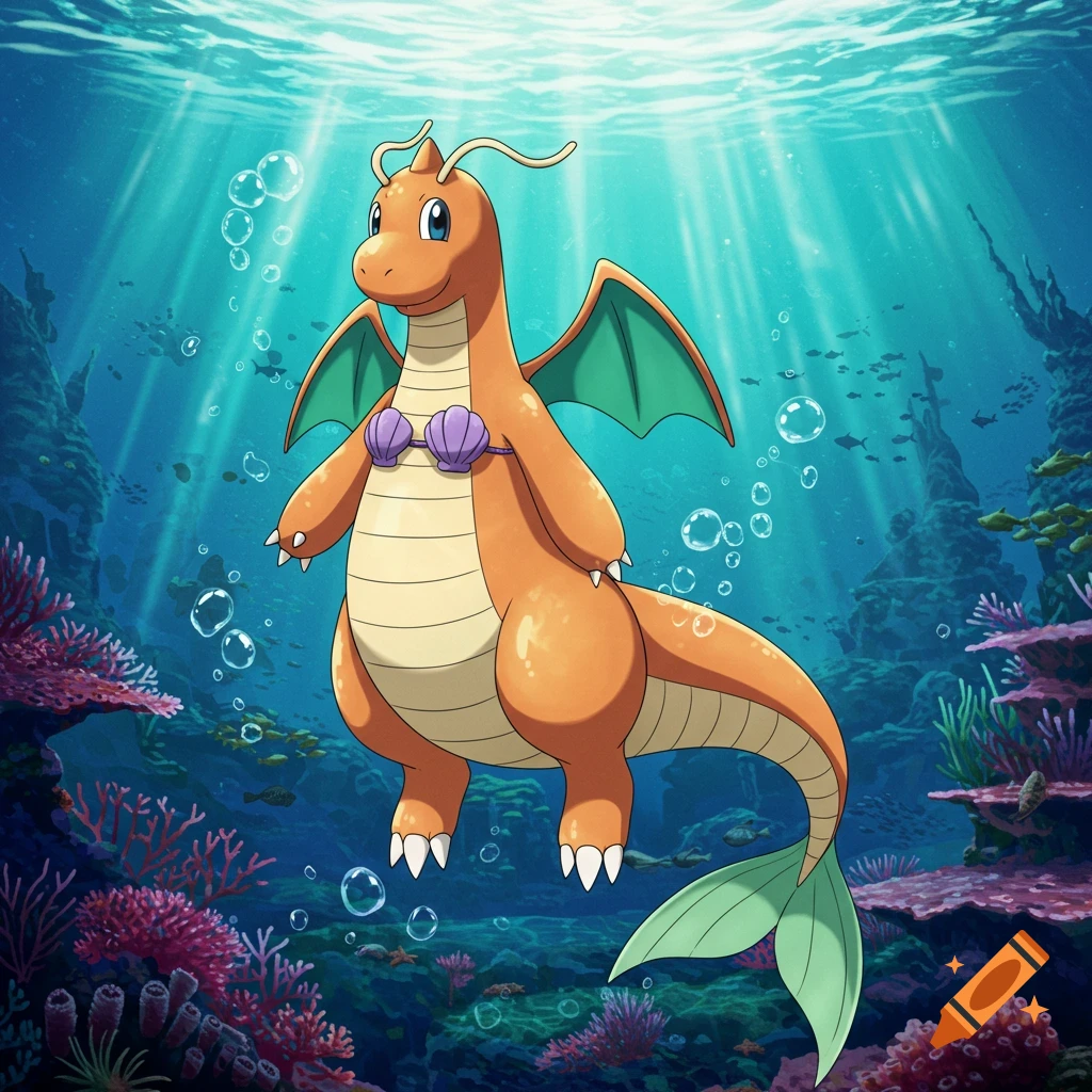 Dragonite in an anime art style, wearing a seashell bra and a mermaid tail, swimming underwater amidst coral reefs.