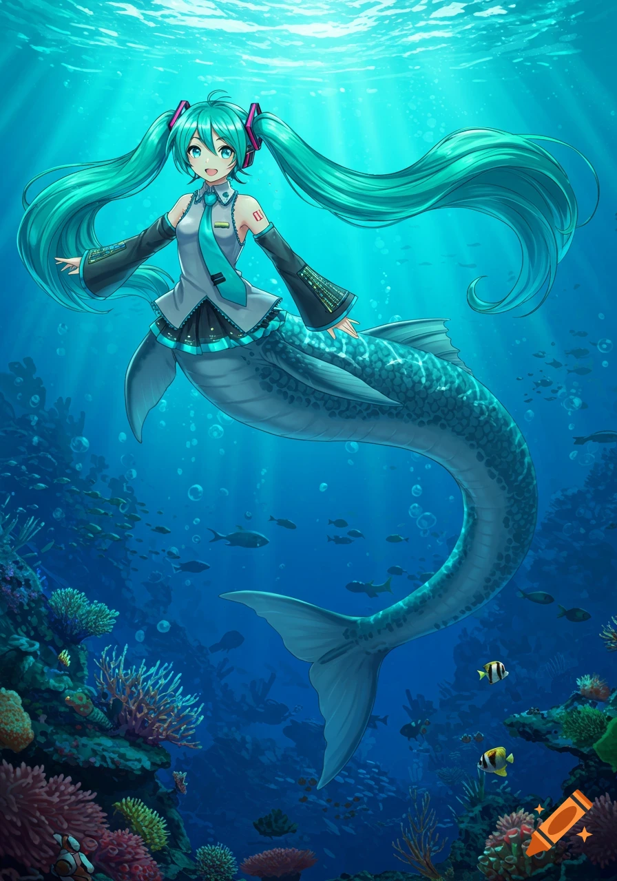 Anime character Hatsune Miku as a mermaid with a large teal fish tail, swimming underwater amidst colorful coral reefs and small fish.
